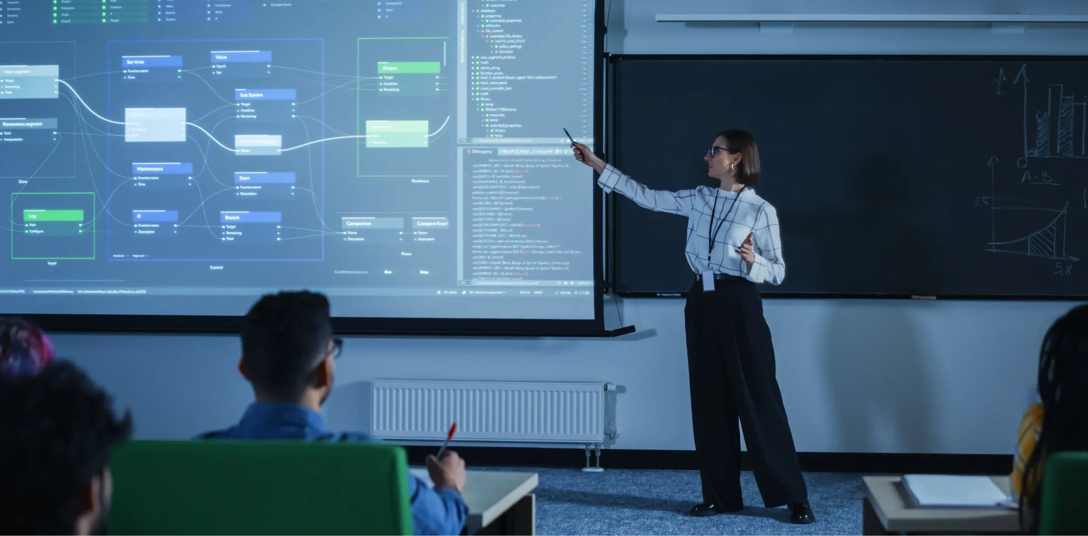 A woman in business attire points at a projected flowchart and code on a screen in a classroom while teaching. Students sit facing her, listening and taking notes. A blackboard and more diagrams are visible behind her.