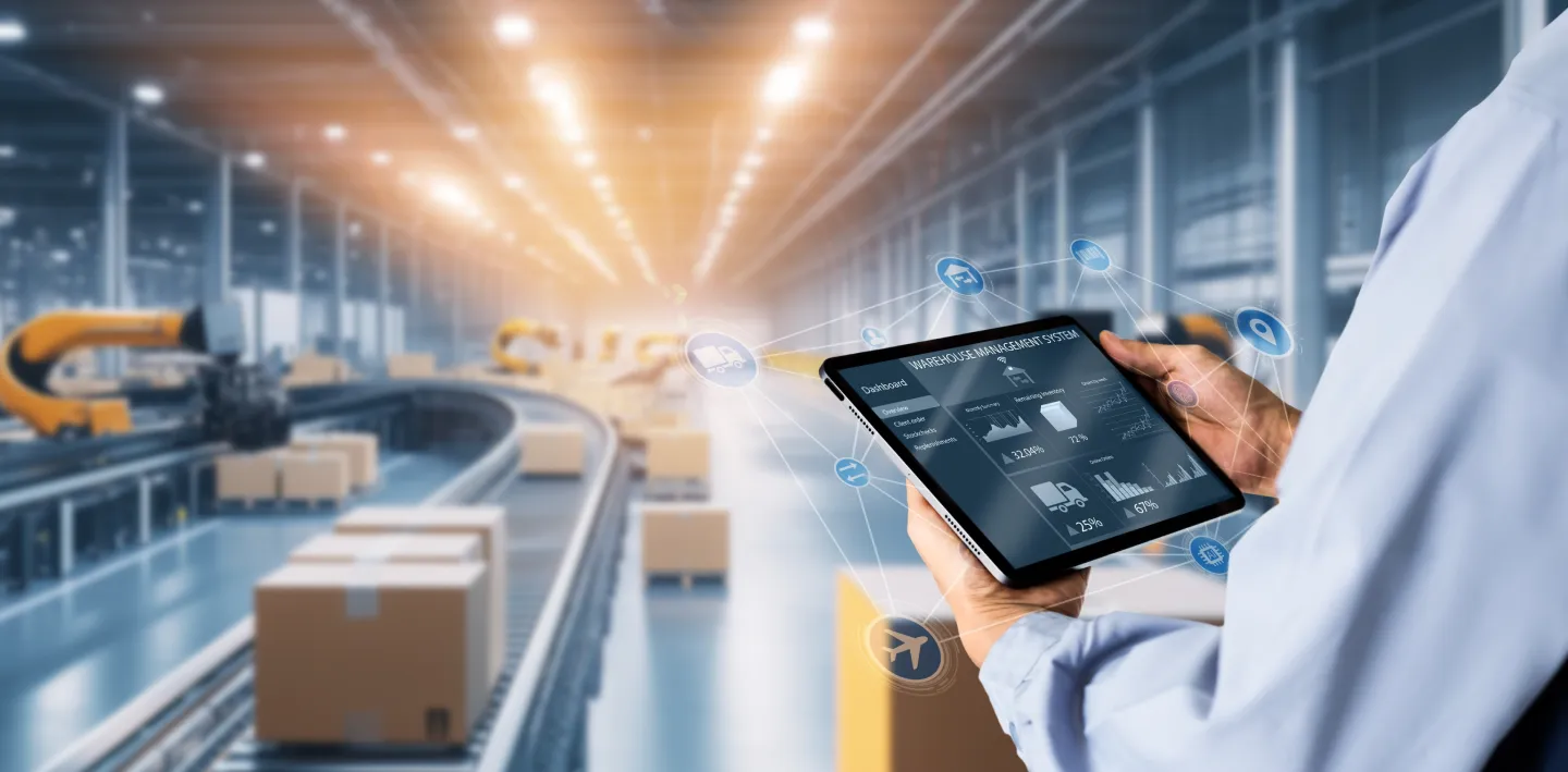 A person in business attire holds a tablet displaying logistics data in a brightly lit warehouse. Conveyor belts transport cardboard boxes, and robotic arms operate in the background, suggesting automation and smart technology in supply chain management.