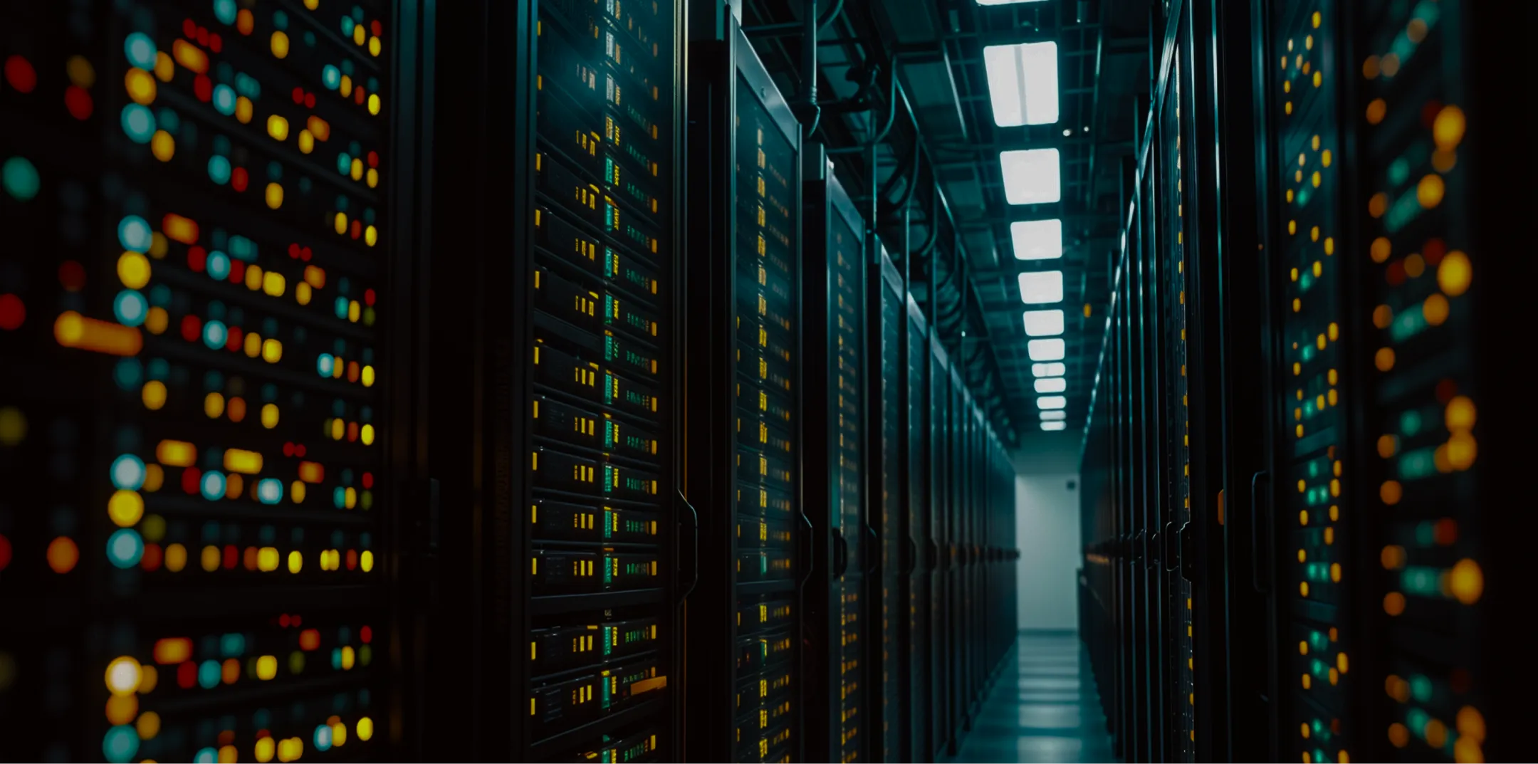 A long, narrow corridor in a data center, lined with tall server racks on both sides. The racks are filled with servers, illuminated by rows of small, colorful indicator lights in green, yellow, and red. Overhead fluorescent lights brighten the space.