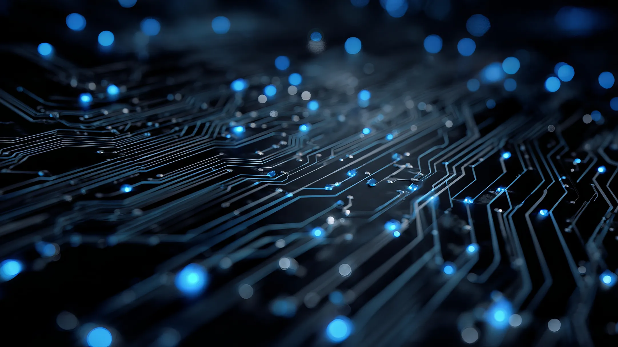 Close-up of a dark computer circuit board with glowing blue lights scattered across interconnected lines, symbolizing data flow and advanced technology in a digital environment. The image has a futuristic and high-tech feel.